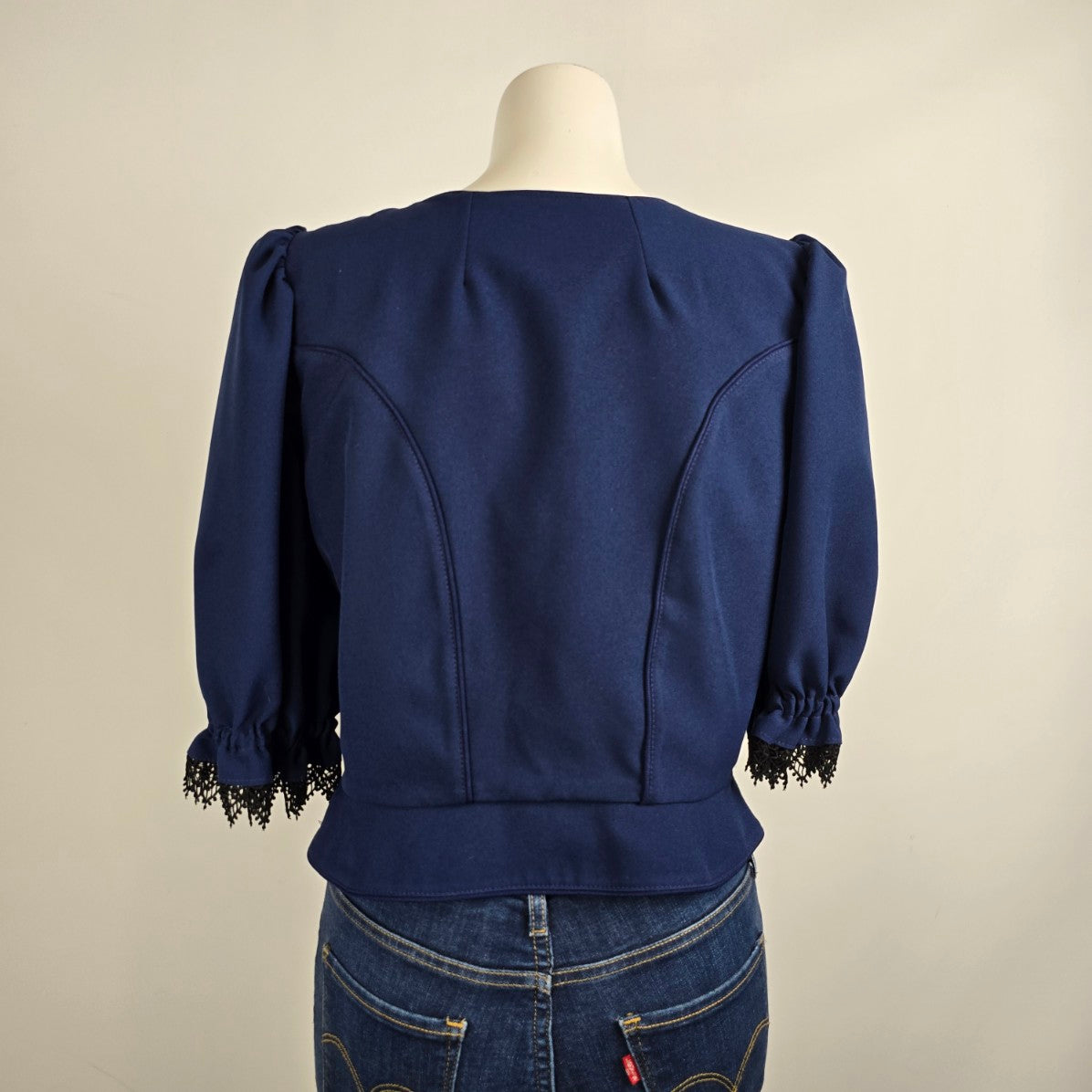 Vintage Ernst Licht Navy Blue Button Up Puff Sleeve Jacket Size 12