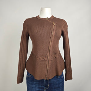 Talbots Brown Mixed Cable Moto Sweater Jacket Size M Petite