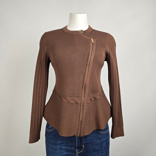 Talbots Brown Mixed Cable Moto Sweater Jacket Size M Petite