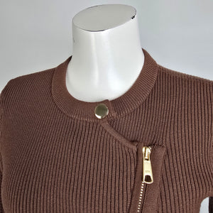 Talbots Brown Mixed Cable Moto Sweater Jacket Size M Petite