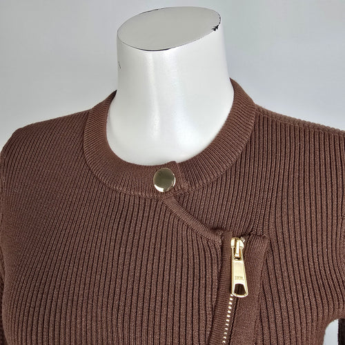 Talbots Brown Mixed Cable Moto Sweater Jacket Size M Petite