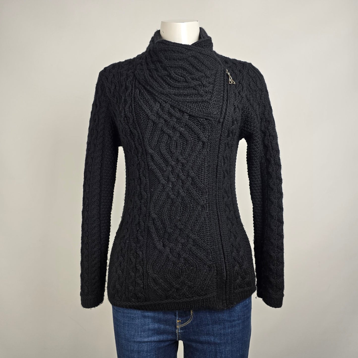 Aran Crafts Black Merino Wool Zip Up Cardigan Size S