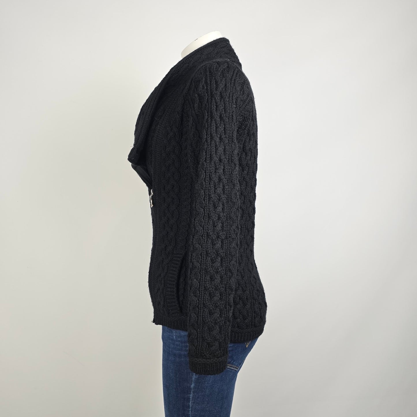 Aran Crafts Black Merino Wool Zip Up Cardigan Size S