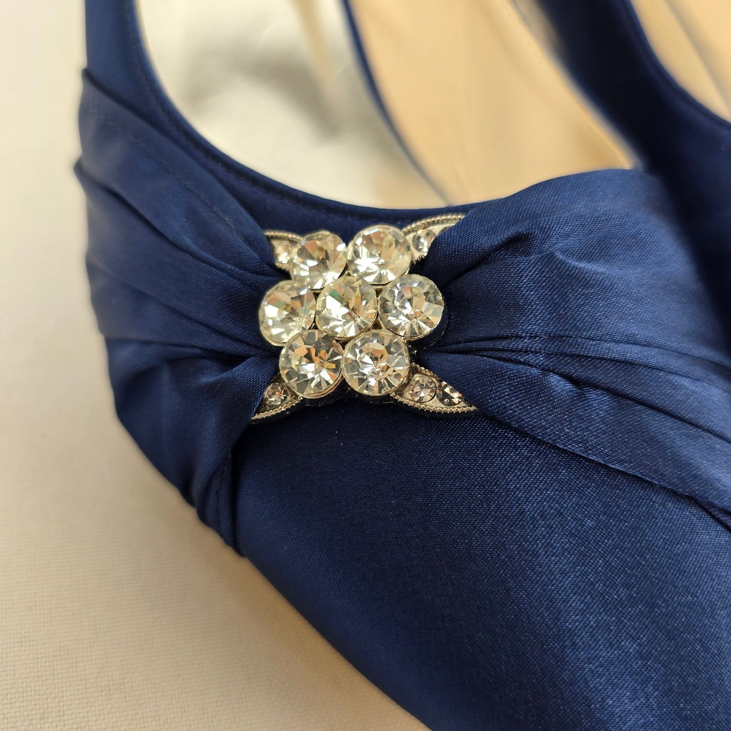 ELEGANTPARK Blue Low Heel Satin Rhinestone Shoes Size 9