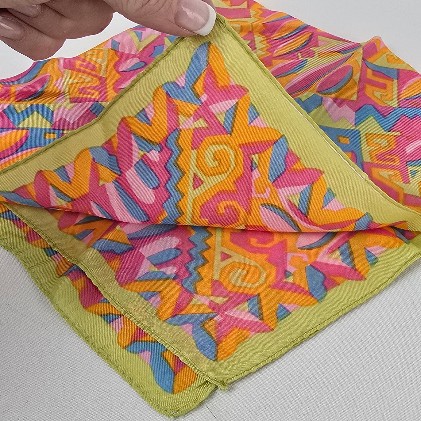 Vintage Silk Pink & Green Square Scarf