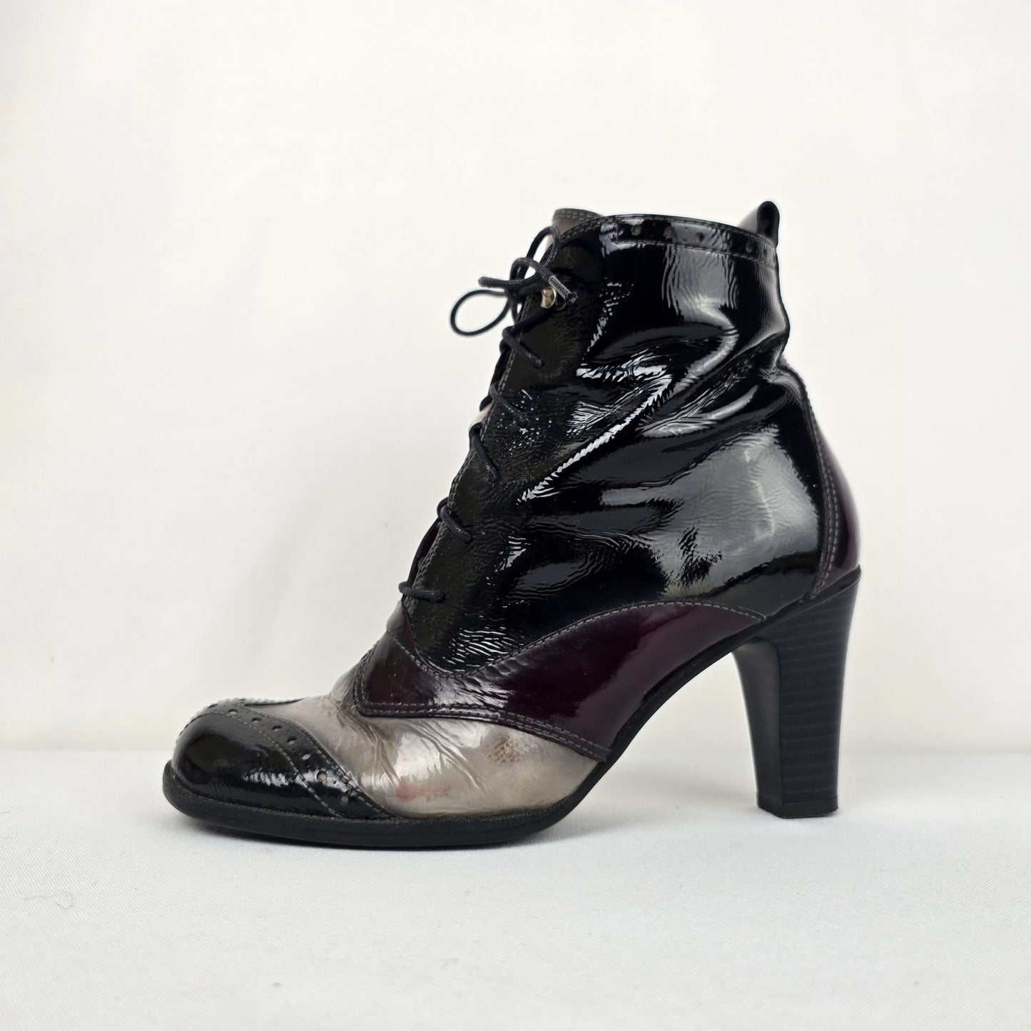 Hispanitas Burgundy & Grey Patent Lace Up Heeled Boots Size 8