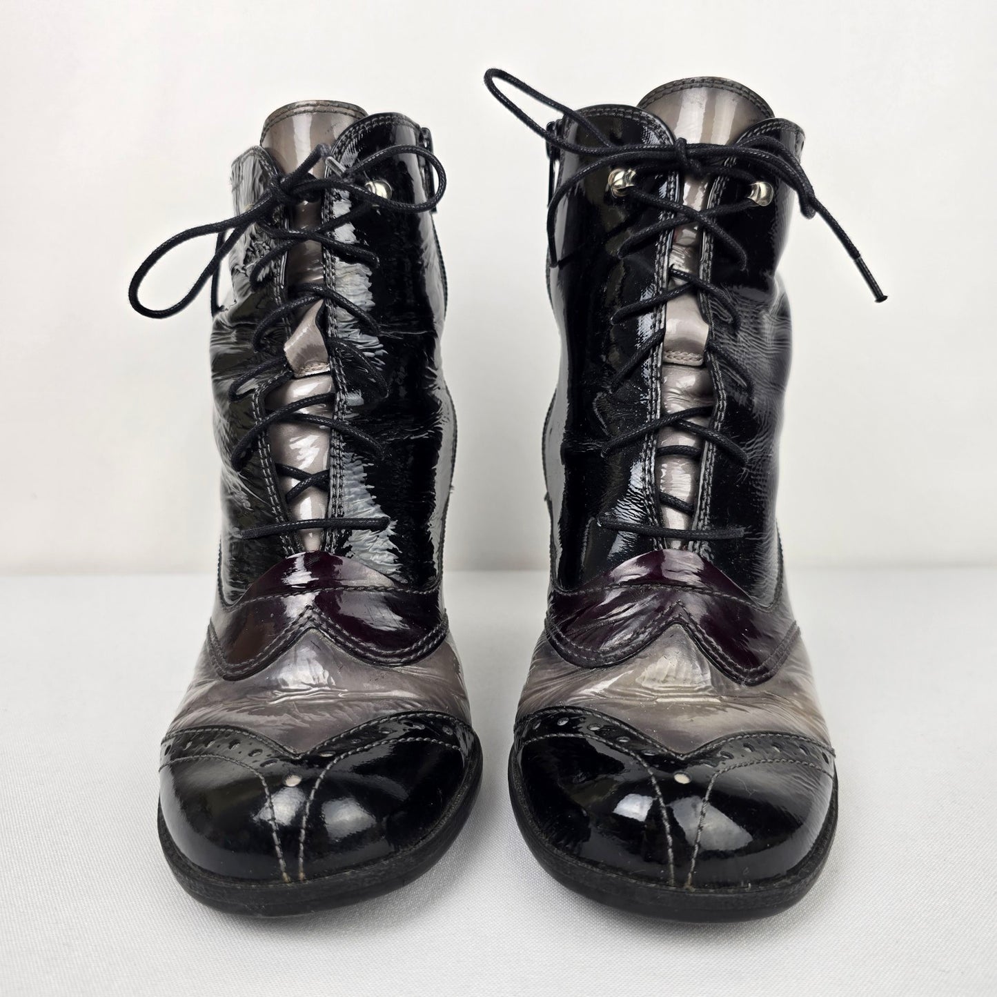 Hispanitas Burgundy & Grey Patent Lace Up Heeled Boots Size 8