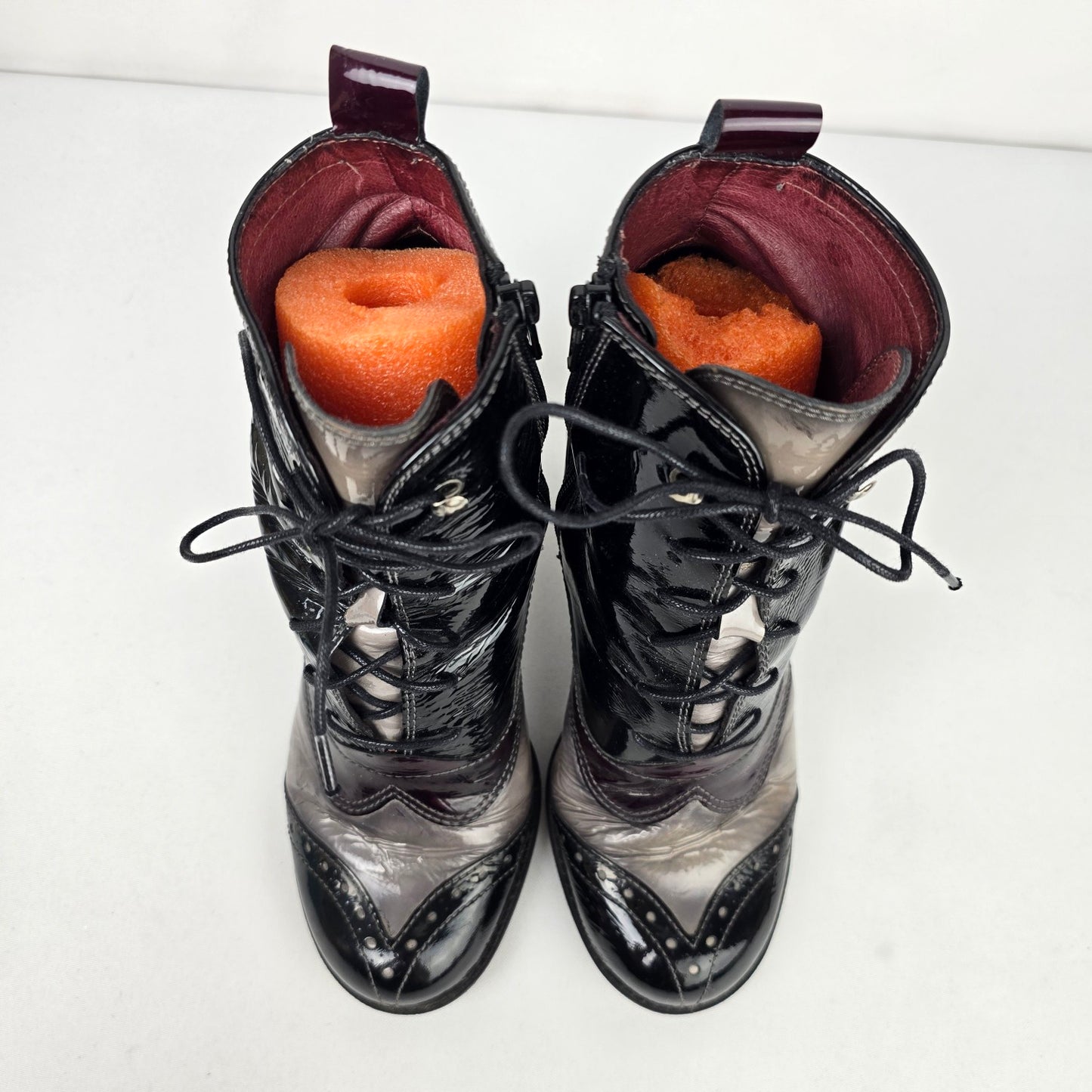 Hispanitas Burgundy & Grey Patent Lace Up Heeled Boots Size 8