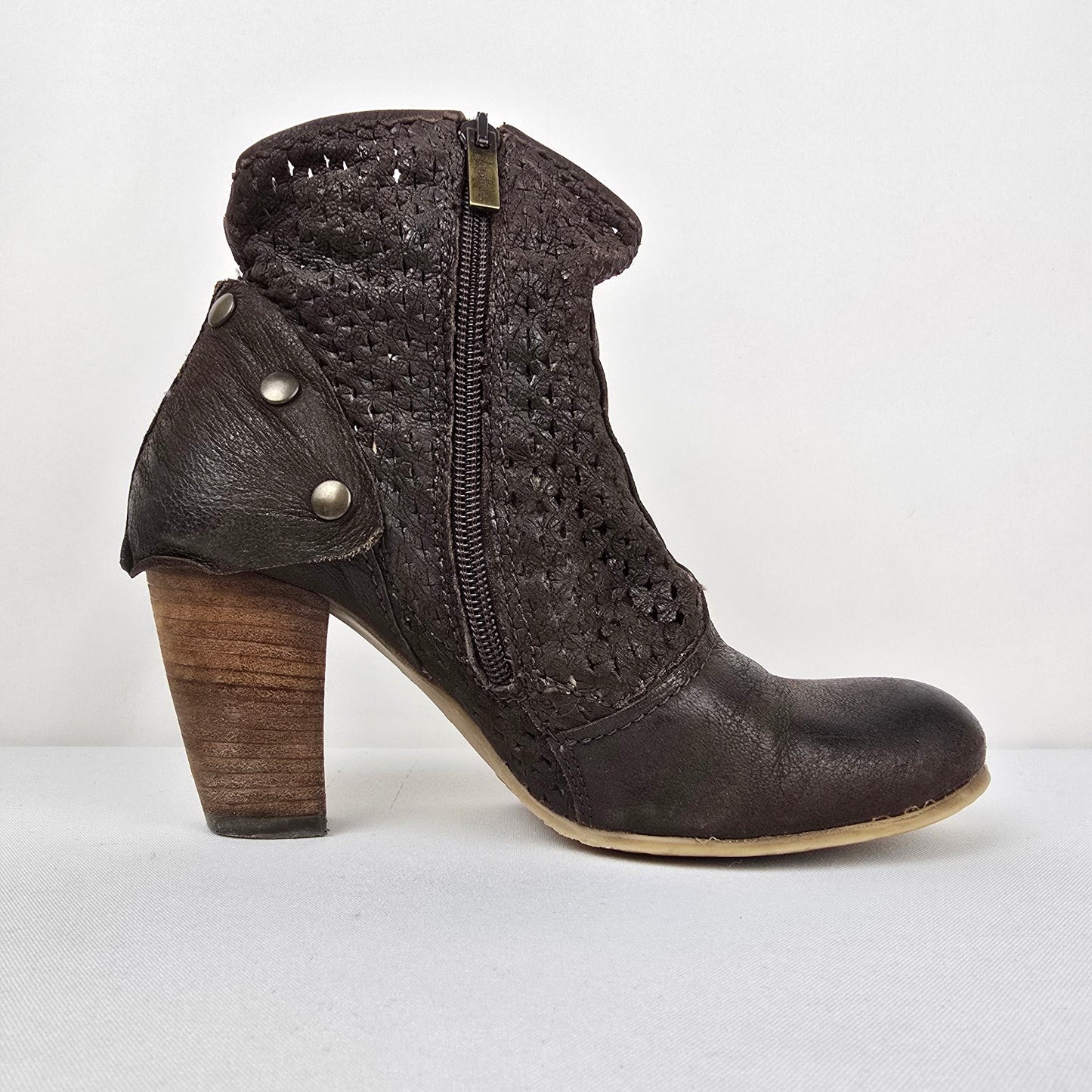 Chocolate Brown Leather Heeled Boots Size 8