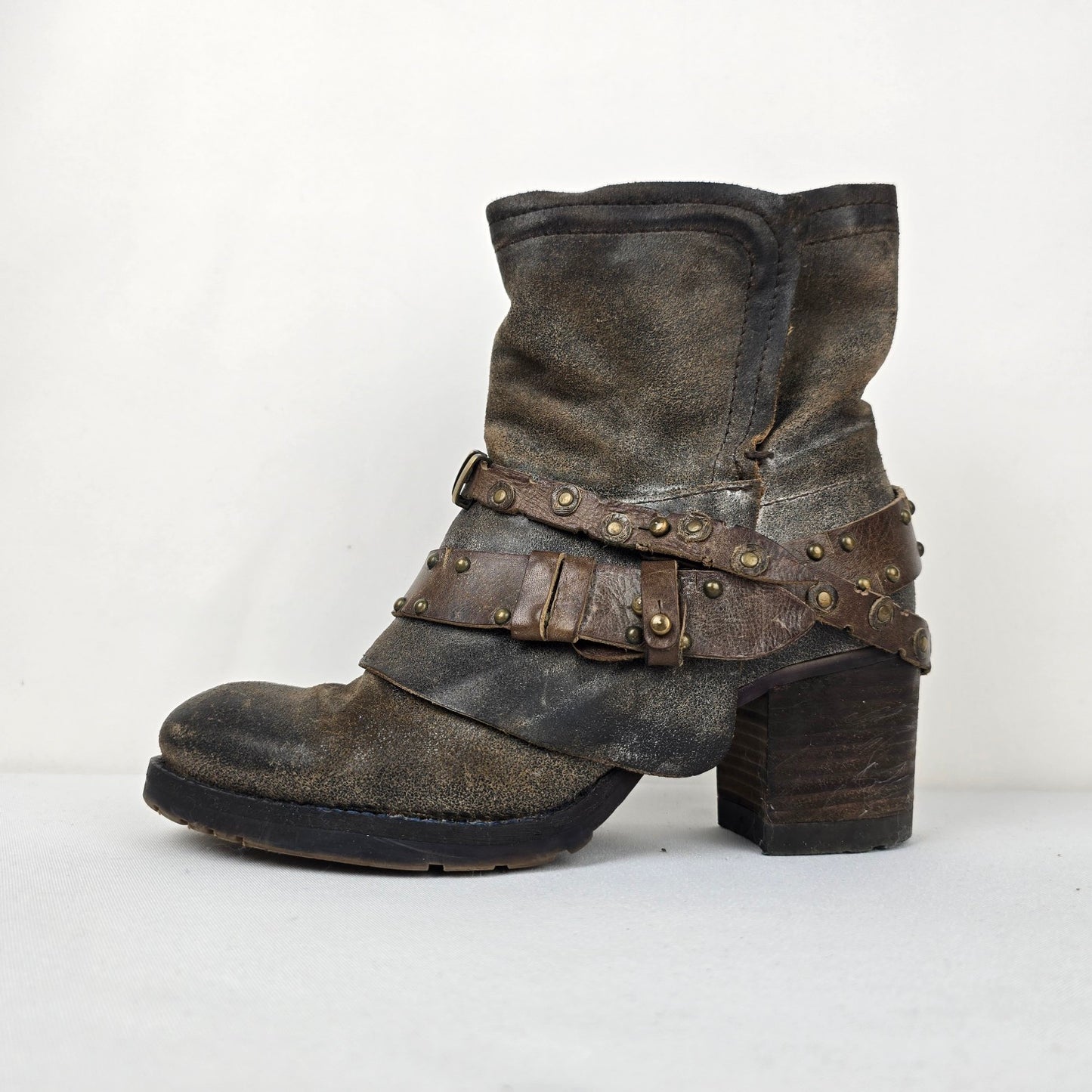 Hispanitas Grey Leather Studded Heeled Ankle Boots Size 8.5