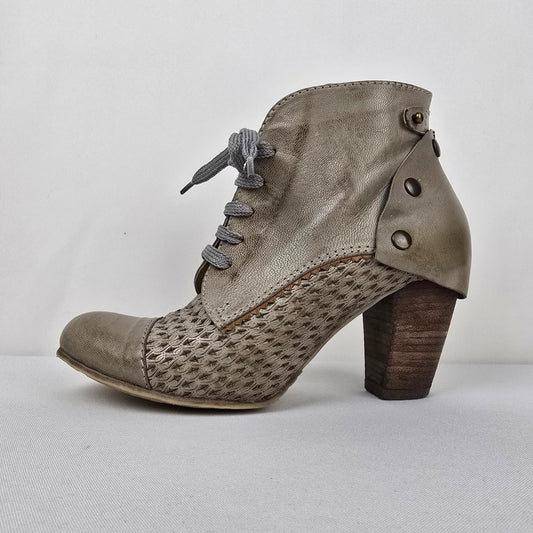 Chocolate Grey Leather Lace Up Heeled Boots Size 8