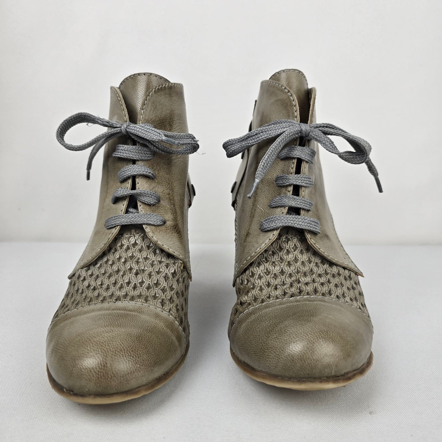 Chocolate Grey Leather Lace Up Heeled Boots Size 8