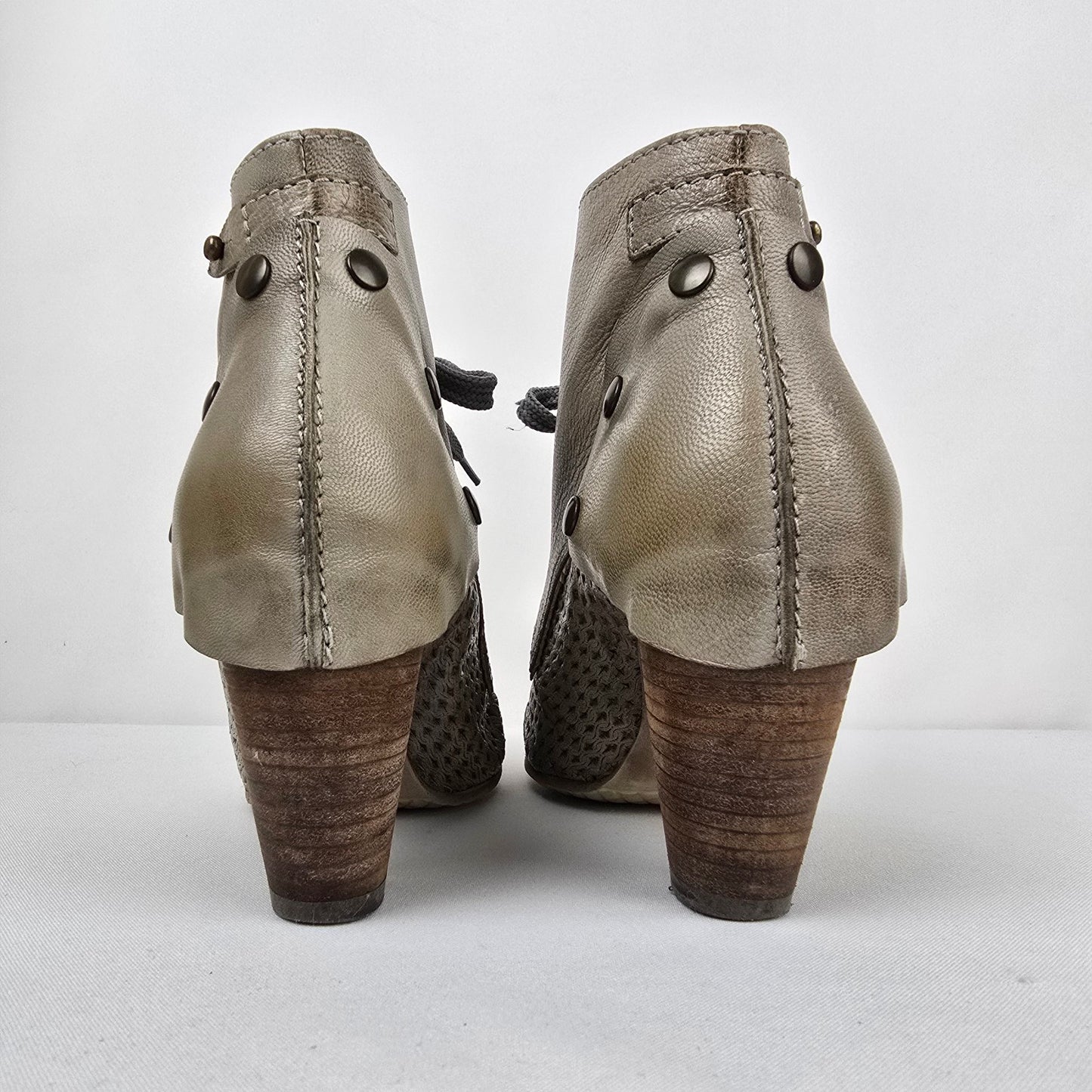 Chocolate Grey Leather Lace Up Heeled Boots Size 8