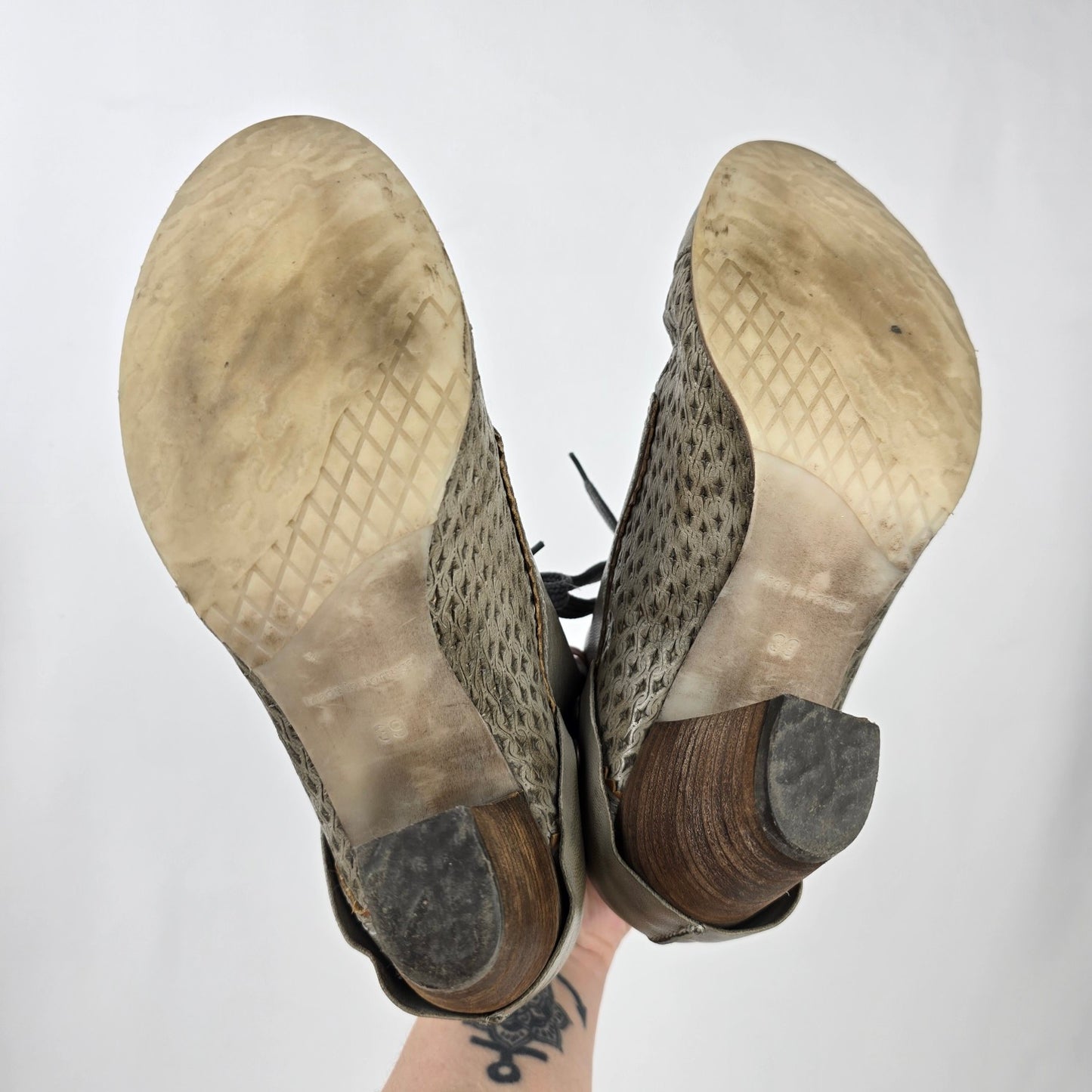 Chocolate Grey Leather Lace Up Heeled Boots Size 8