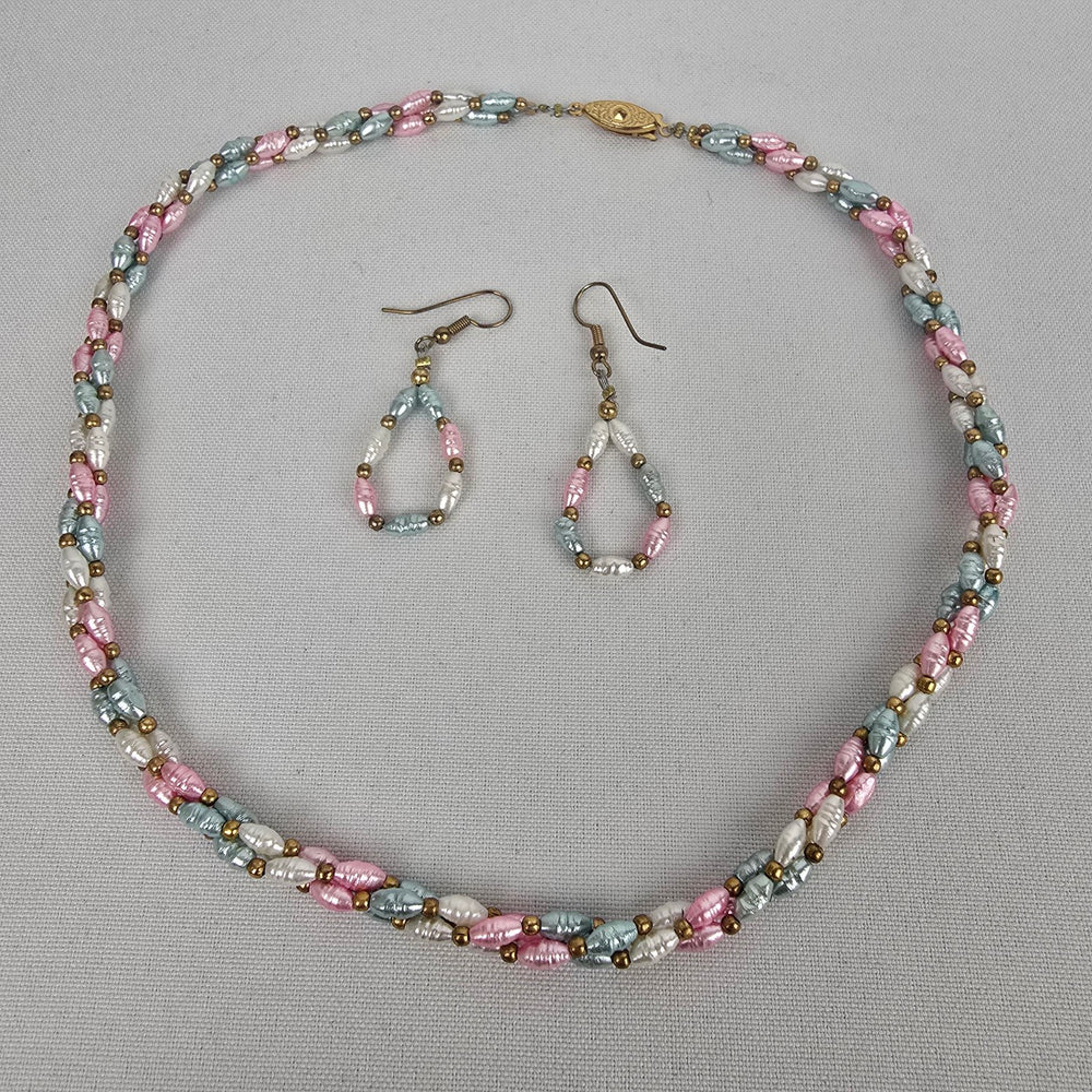 Vintage Colored Pearl Twisted Beaded Sterling Clasp Necklace and Earring Set
