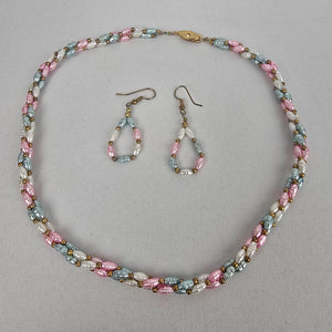 Vintage Colored Pearl Twisted Beaded Sterling Clasp Necklace and Earring Set