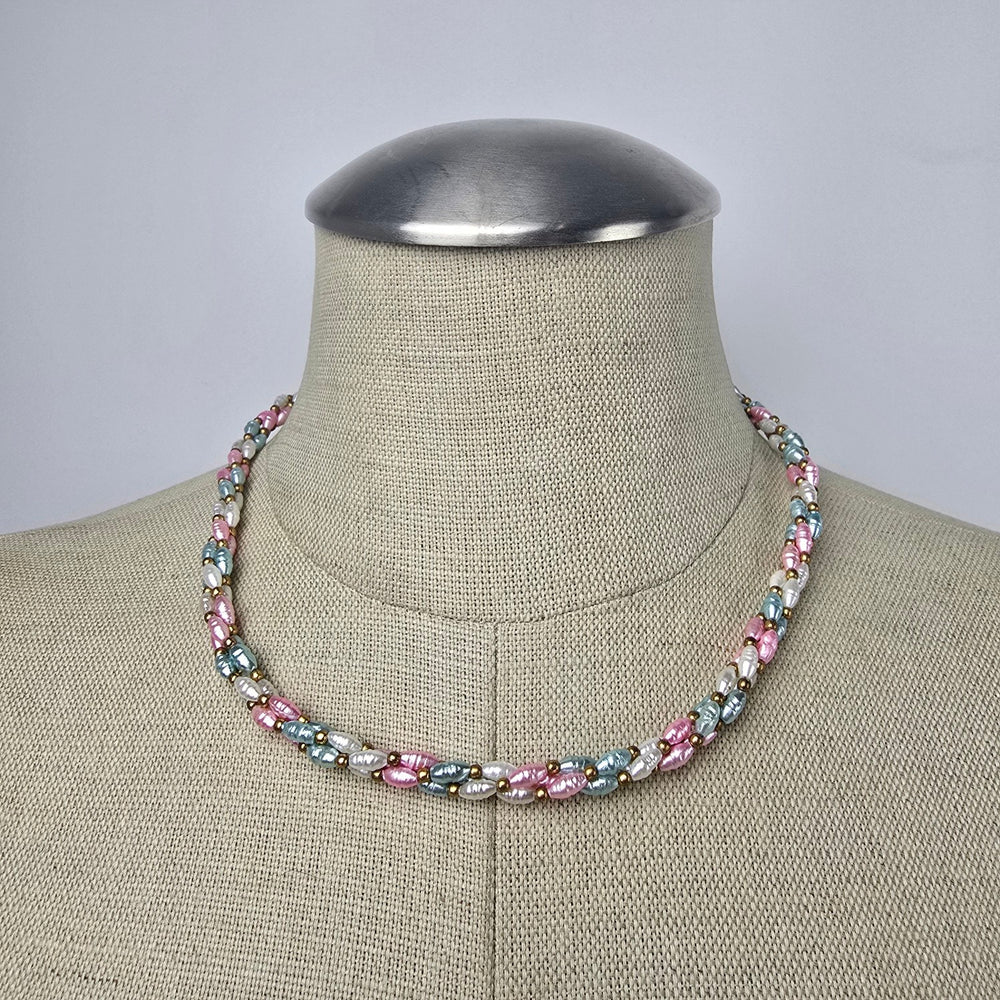 Vintage Colored Pearl Twisted Beaded Sterling Clasp Necklace and Earring Set
