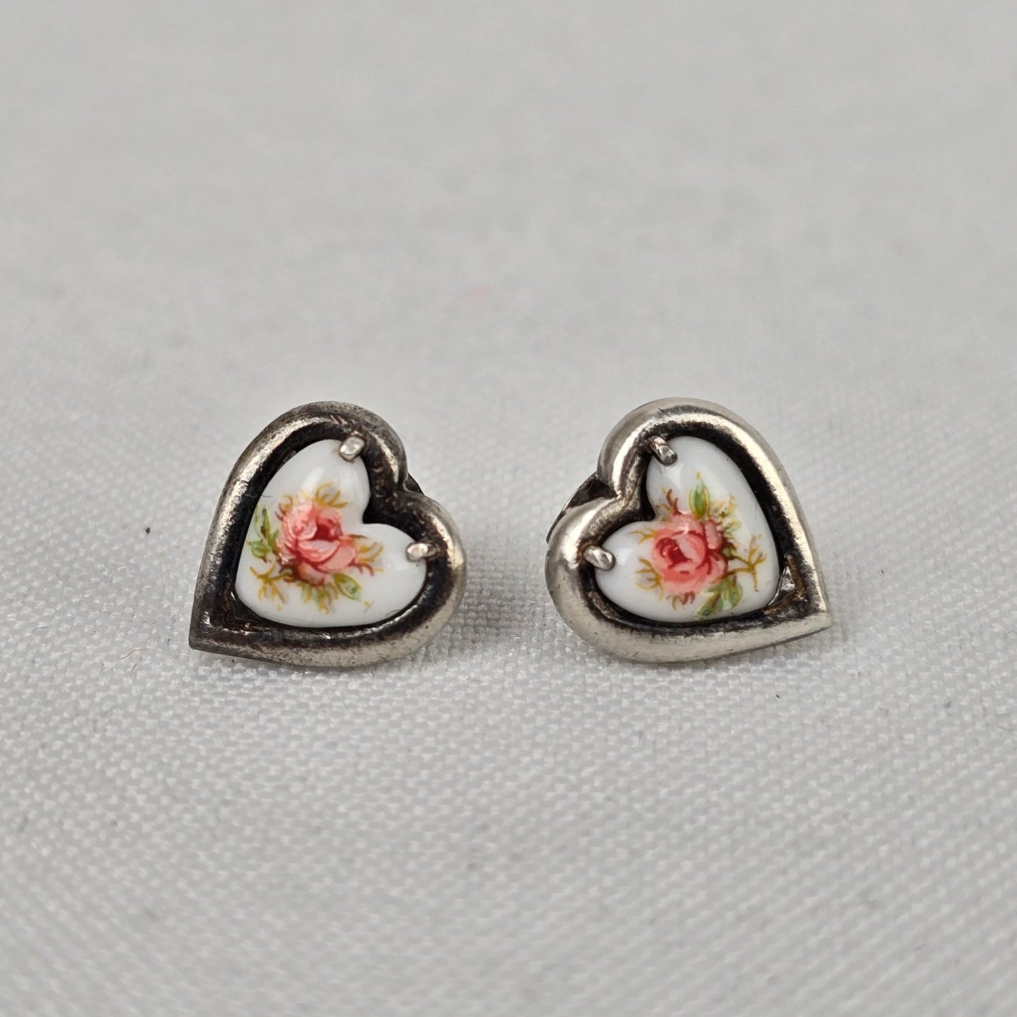 Vintage Porcelain Floral Painted Heart Sterling Silver Stud Earrings