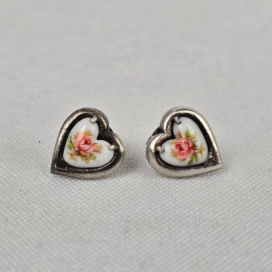 Vintage Porcelain Floral Painted Heart Sterling Silver Stud Earrings