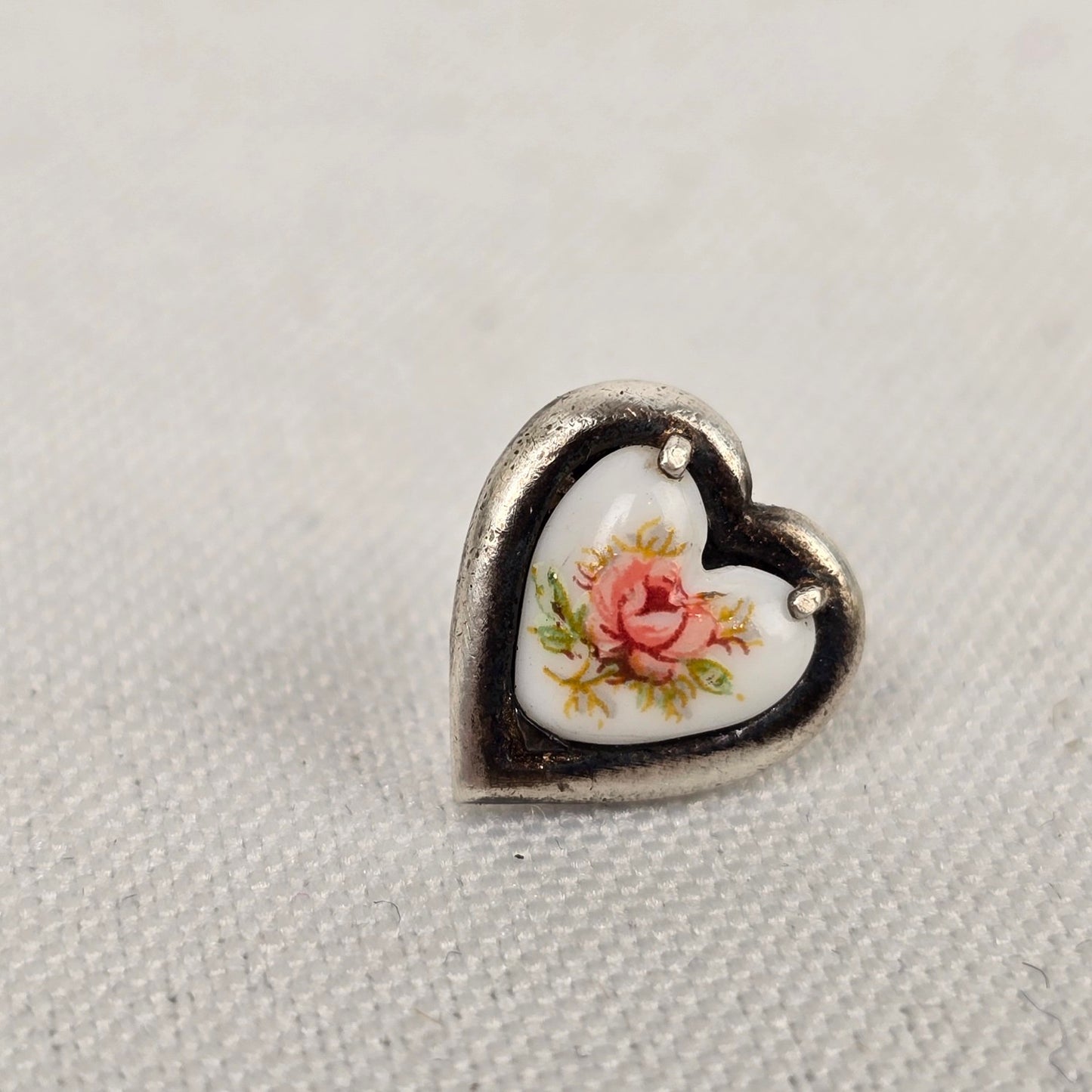 Vintage Porcelain Floral Painted Heart Sterling Silver Stud Earrings