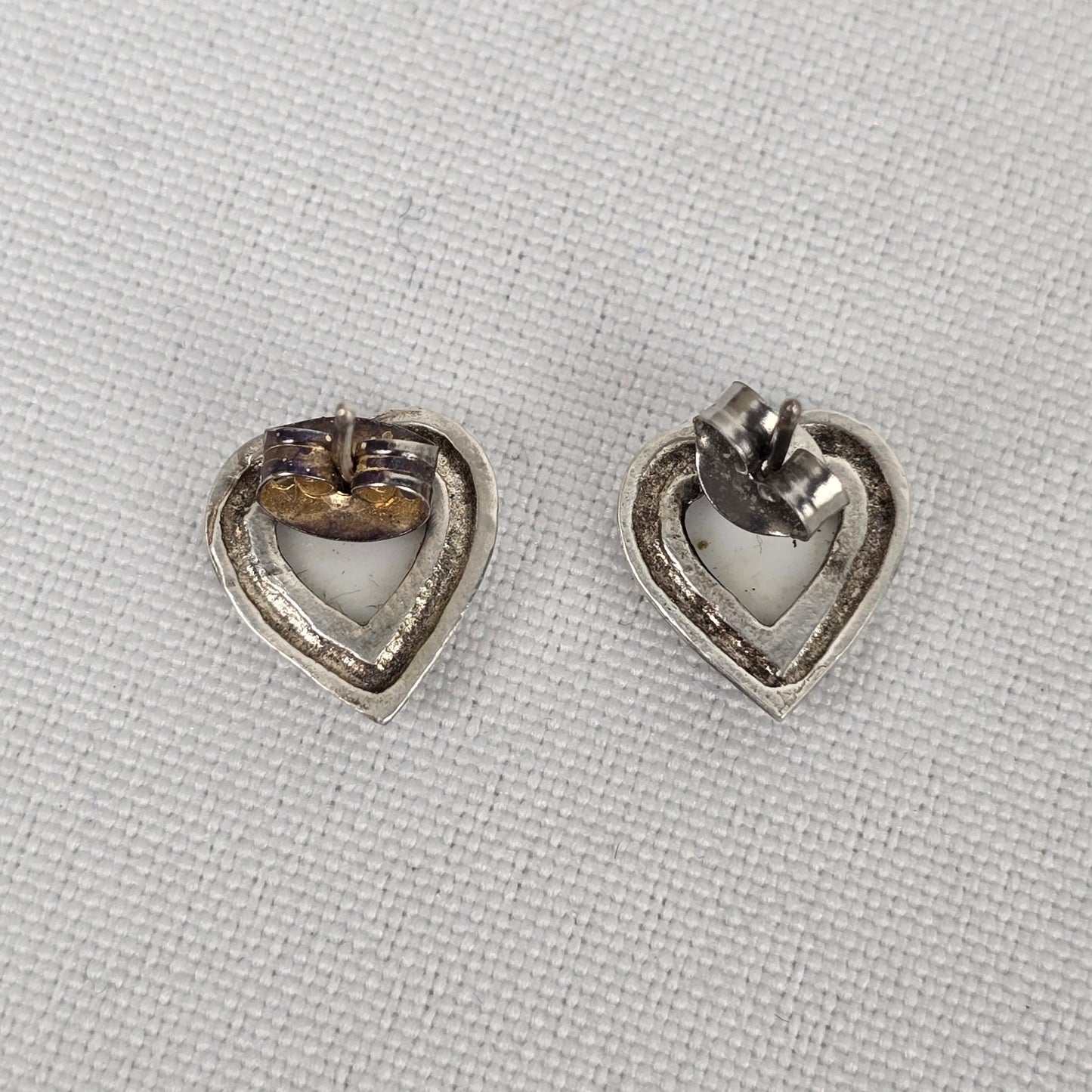 Vintage Porcelain Floral Painted Heart Sterling Silver Stud Earrings