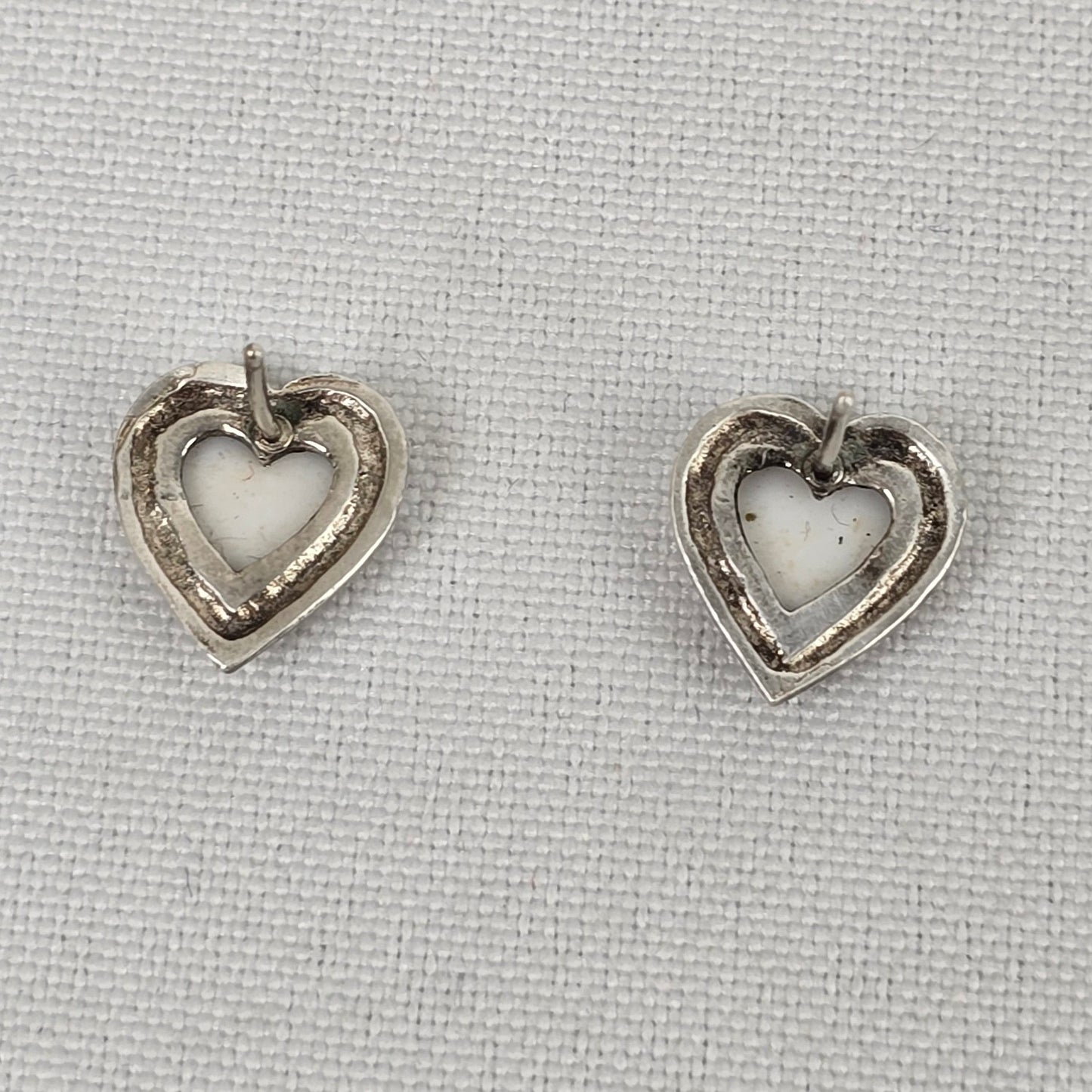 Vintage Porcelain Floral Painted Heart Sterling Silver Stud Earrings