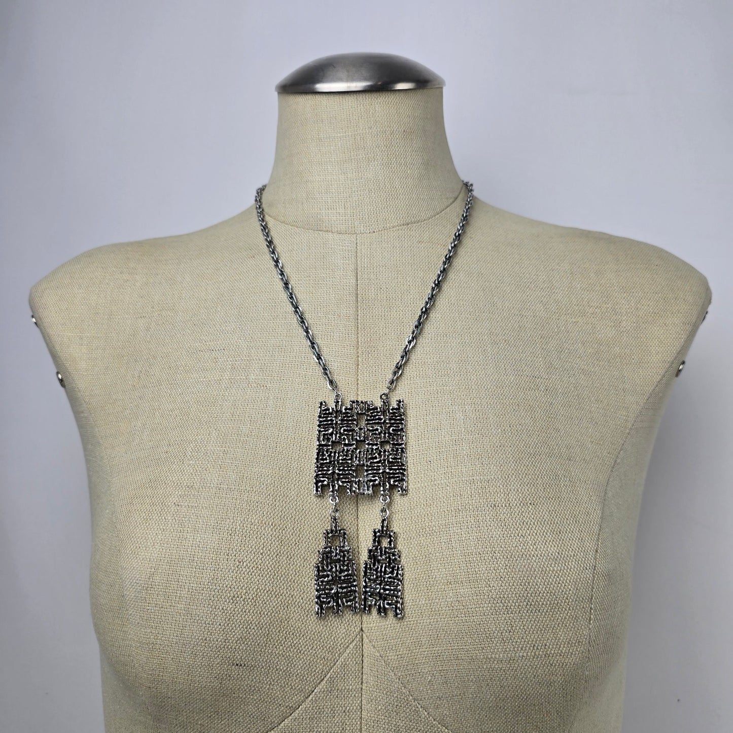 Vintage Silver Tone Brutalist Pendant Necklace