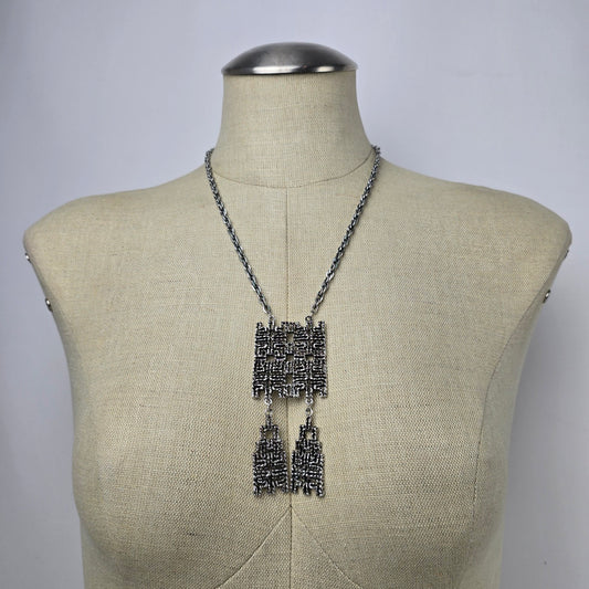 Vintage Silver Tone Brutalist Pendant Necklace