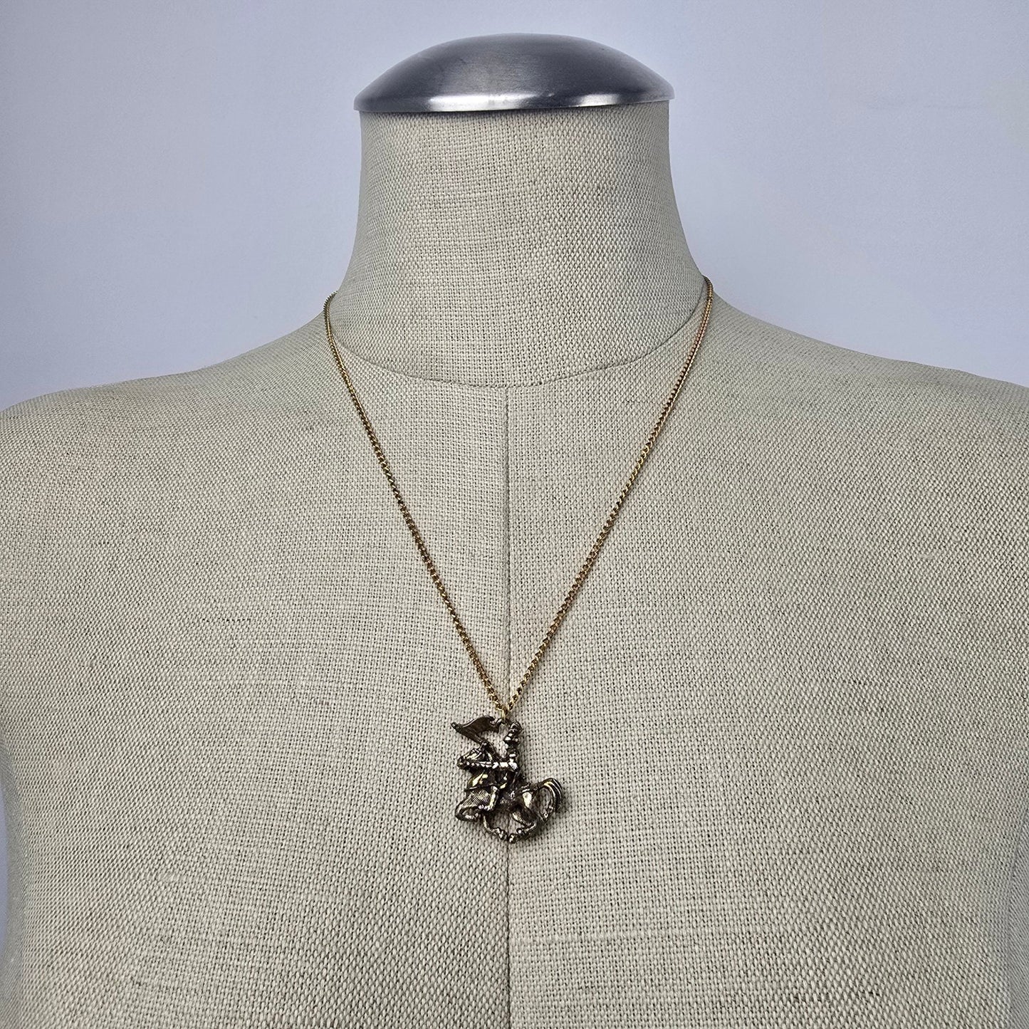 Vintage Gold Tone Knight on Horse Pendant Necklace