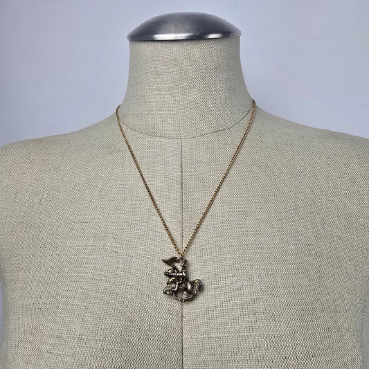 Vintage Gold Tone Knight on Horse Pendant Necklace