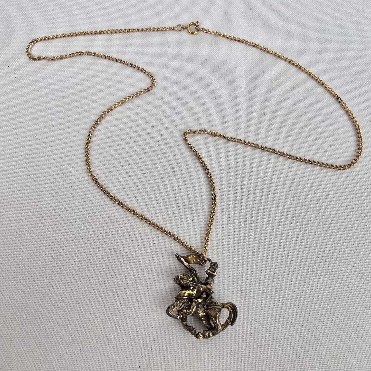 Vintage Gold Tone Knight on Horse Pendant Necklace