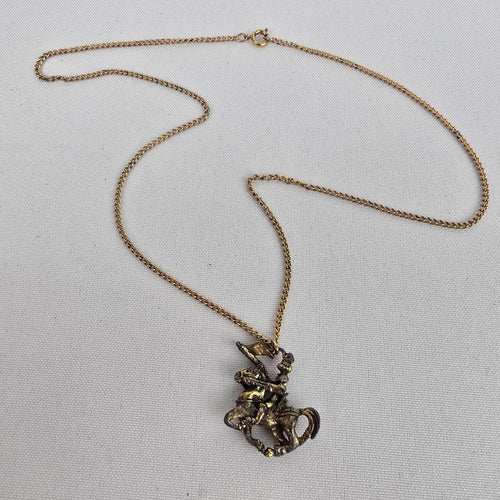 Vintage Gold Tone Knight on Horse Pendant Necklace