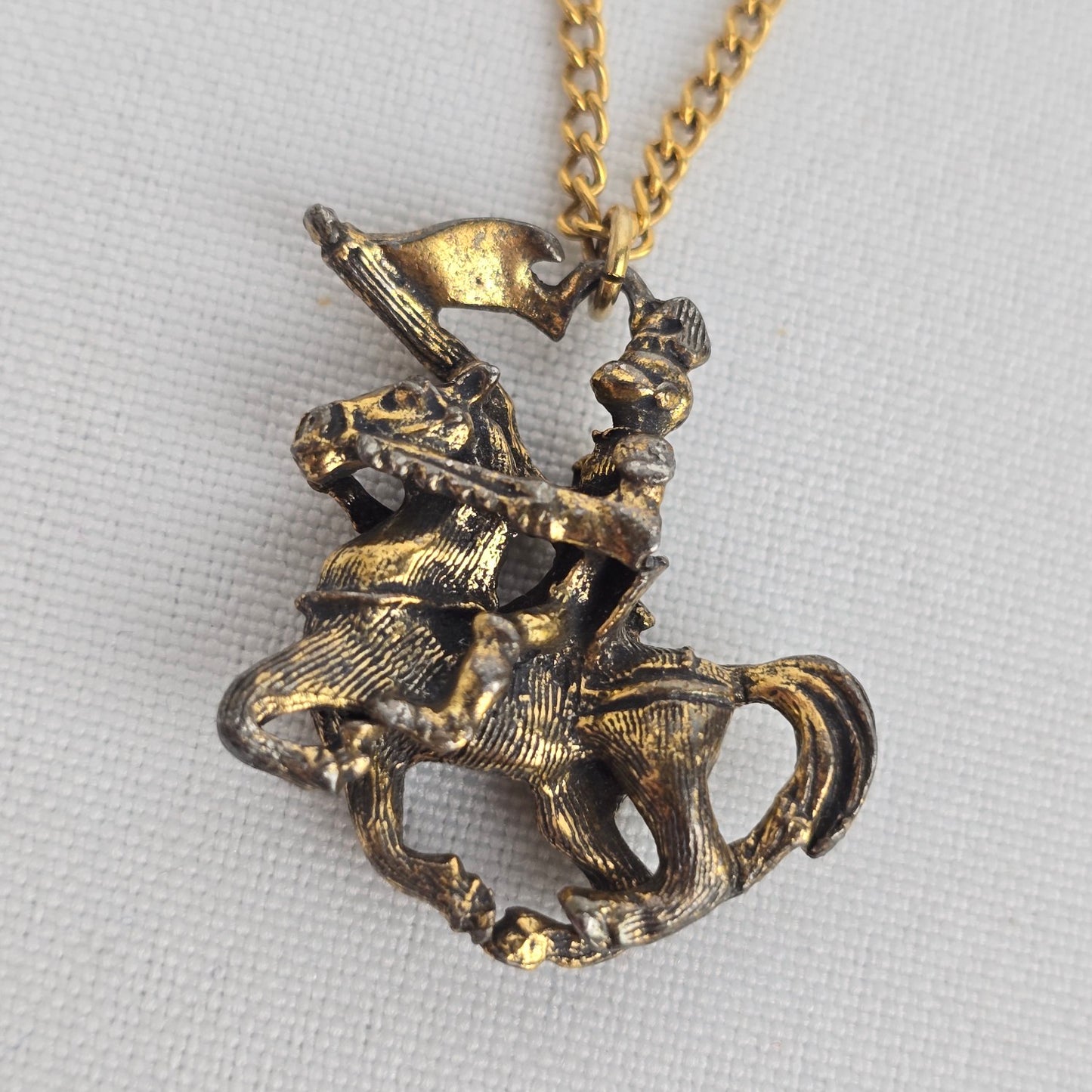 Vintage Gold Tone Knight on Horse Pendant Necklace