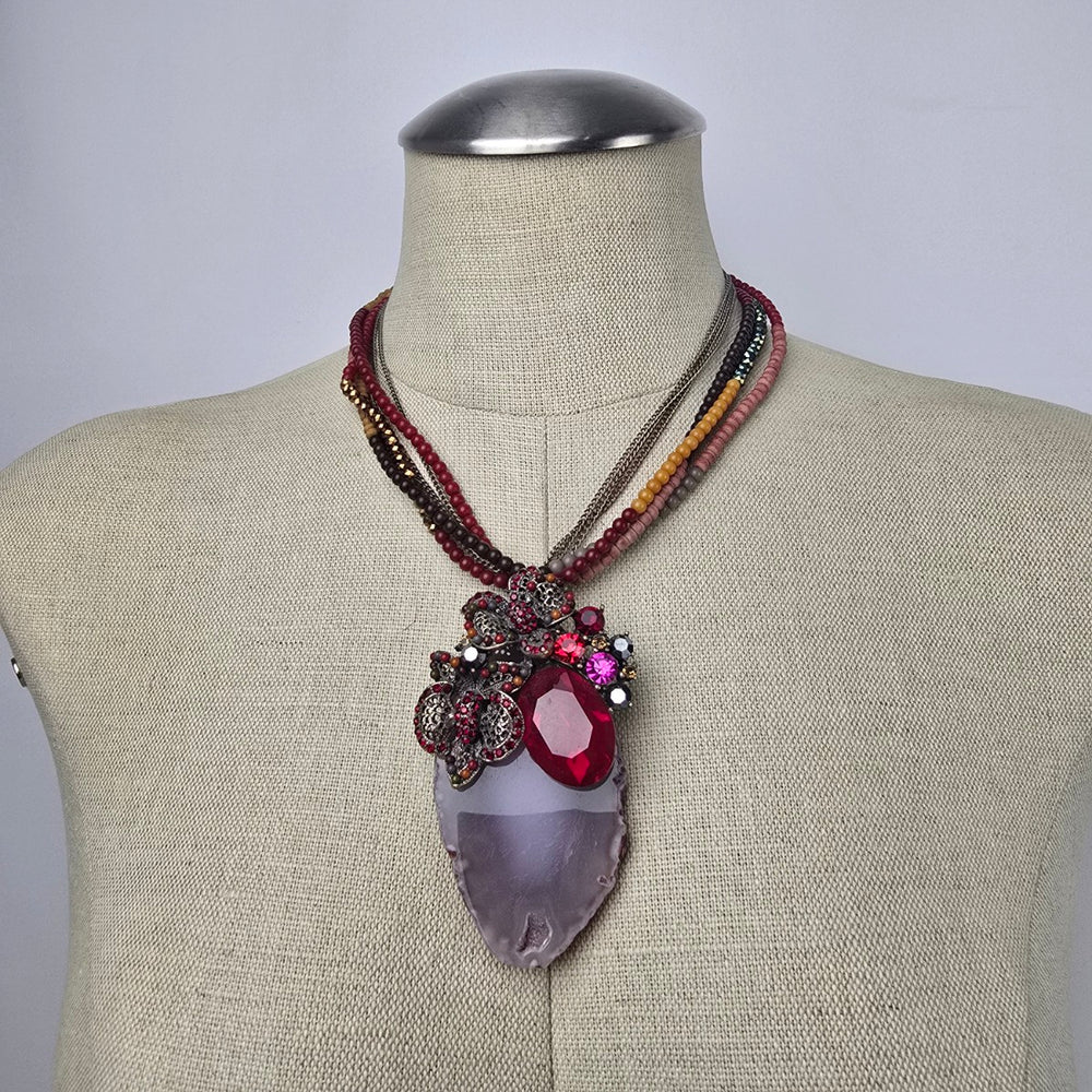 Red Rhinestone Floral Geode Pendant Beaded Statement Necklace