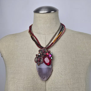 Red Rhinestone Floral Geode Pendant Beaded Statement Necklace