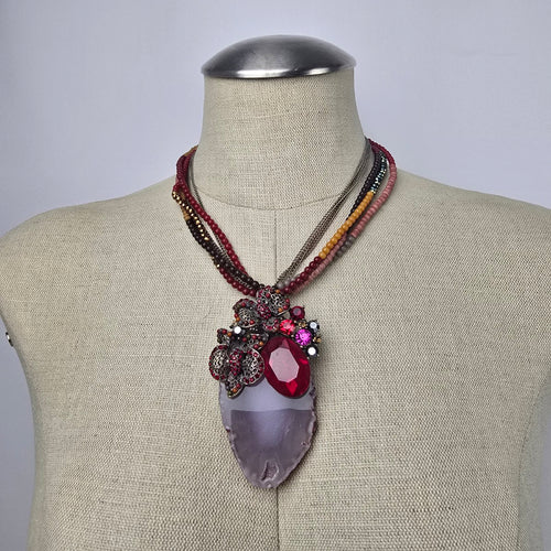 Red Rhinestone Floral Geode Pendant Beaded Statement Necklace