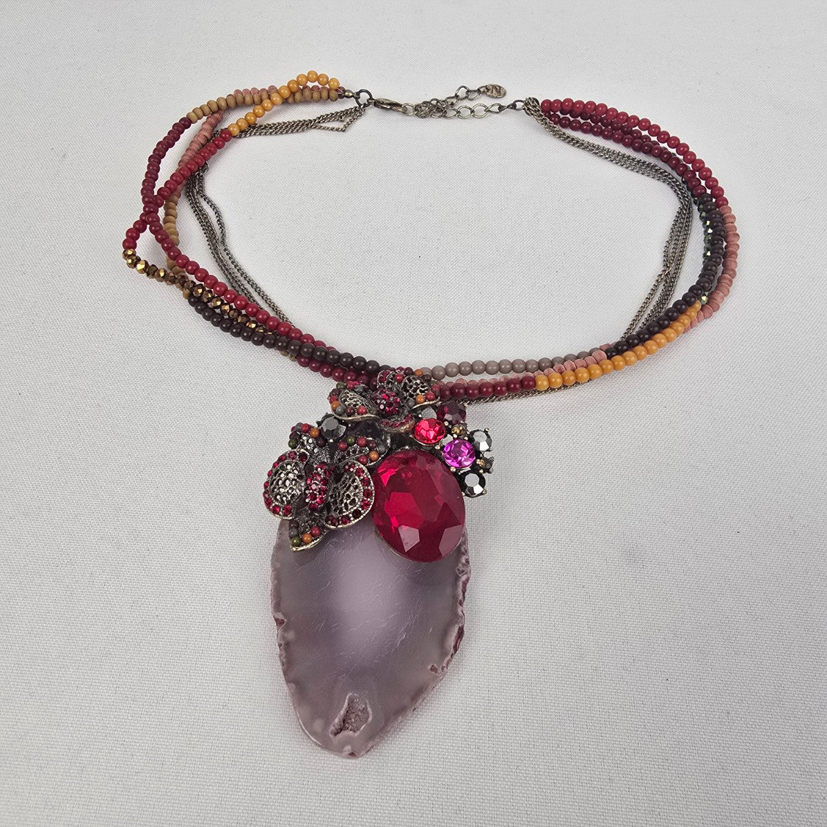 Red Rhinestone Floral Geode Pendant Beaded Statement Necklace