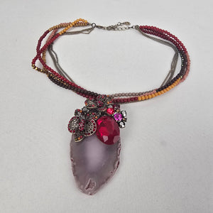 Red Rhinestone Floral Geode Pendant Beaded Statement Necklace