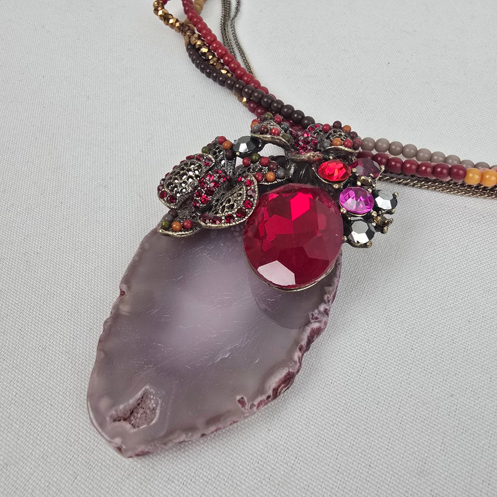 Red Rhinestone Floral Geode Pendant Beaded Statement Necklace