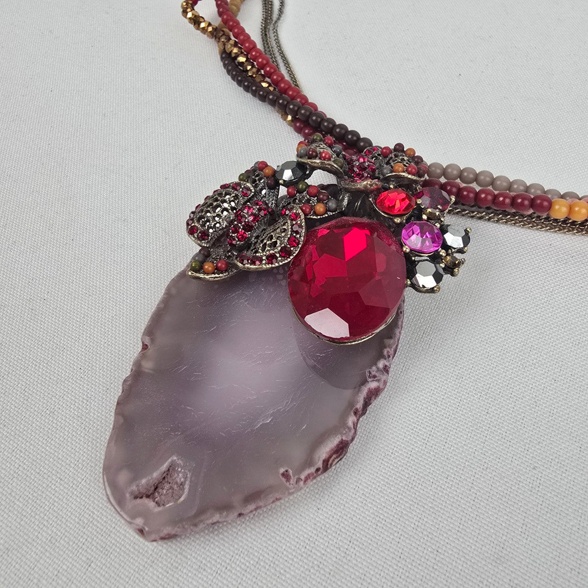 Red Rhinestone Floral Geode Pendant Beaded Statement Necklace