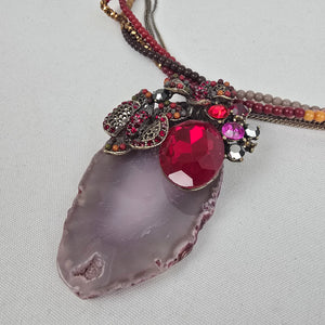 Red Rhinestone Floral Geode Pendant Beaded Statement Necklace
