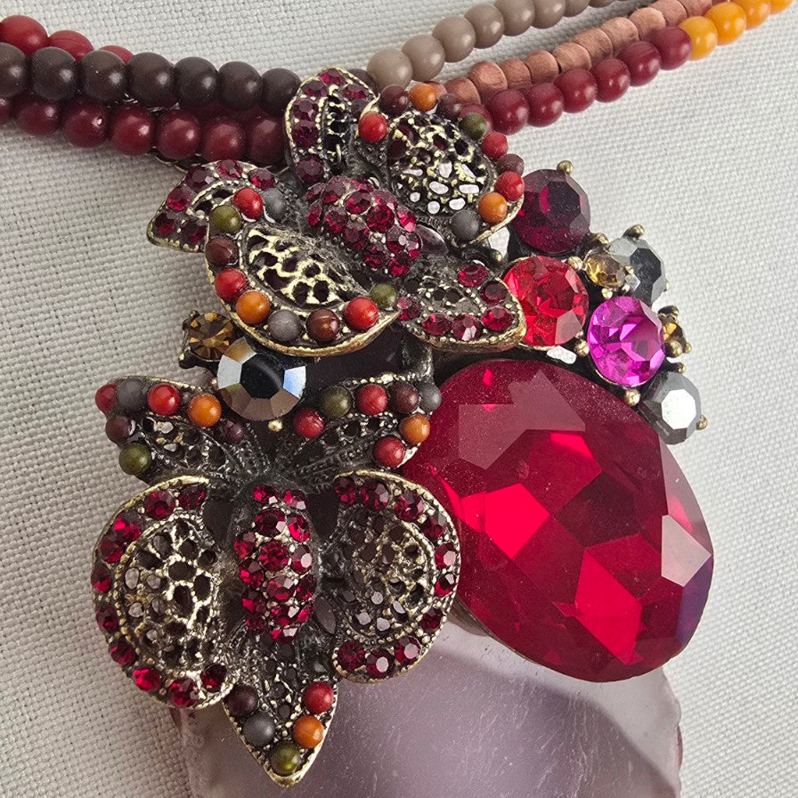 Red Rhinestone Floral Geode Pendant Beaded Statement Necklace