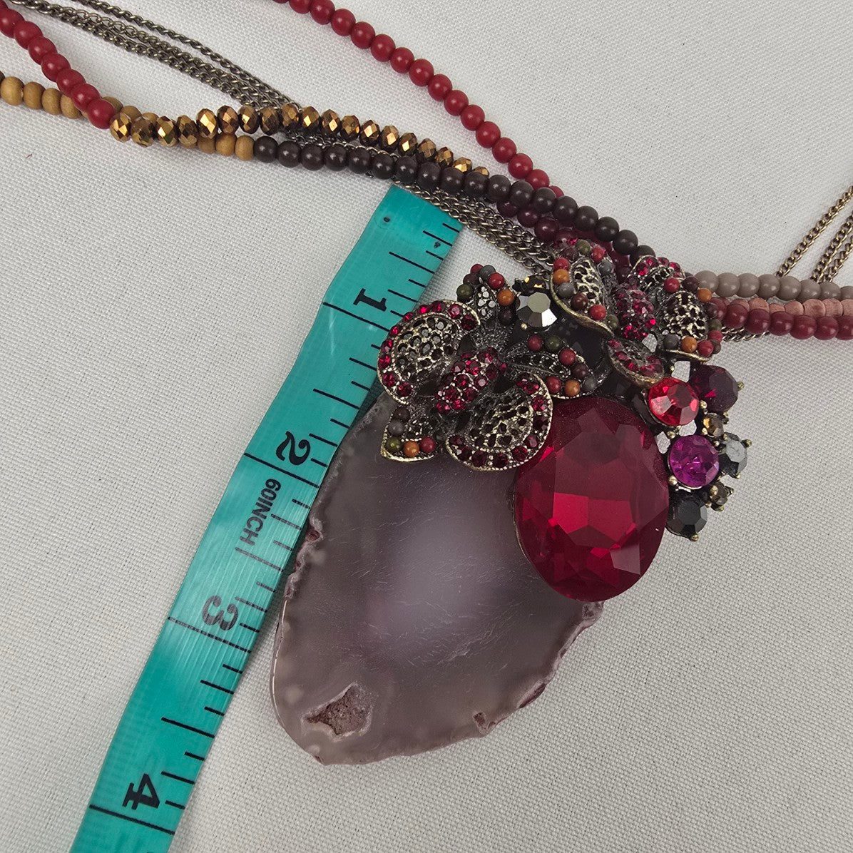 Red Rhinestone Floral Geode Pendant Beaded Statement Necklace
