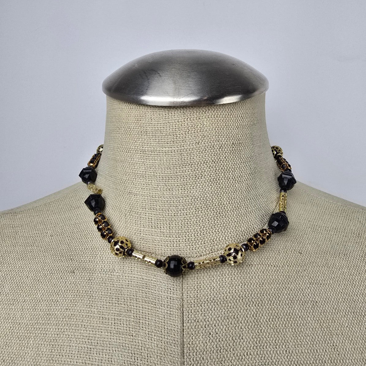 Vintage Gold & Black Beaded Choker Necklace Sterling Clasp