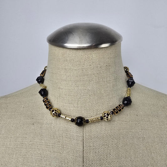 Vintage Gold & Black Beaded Choker Necklace Sterling Clasp