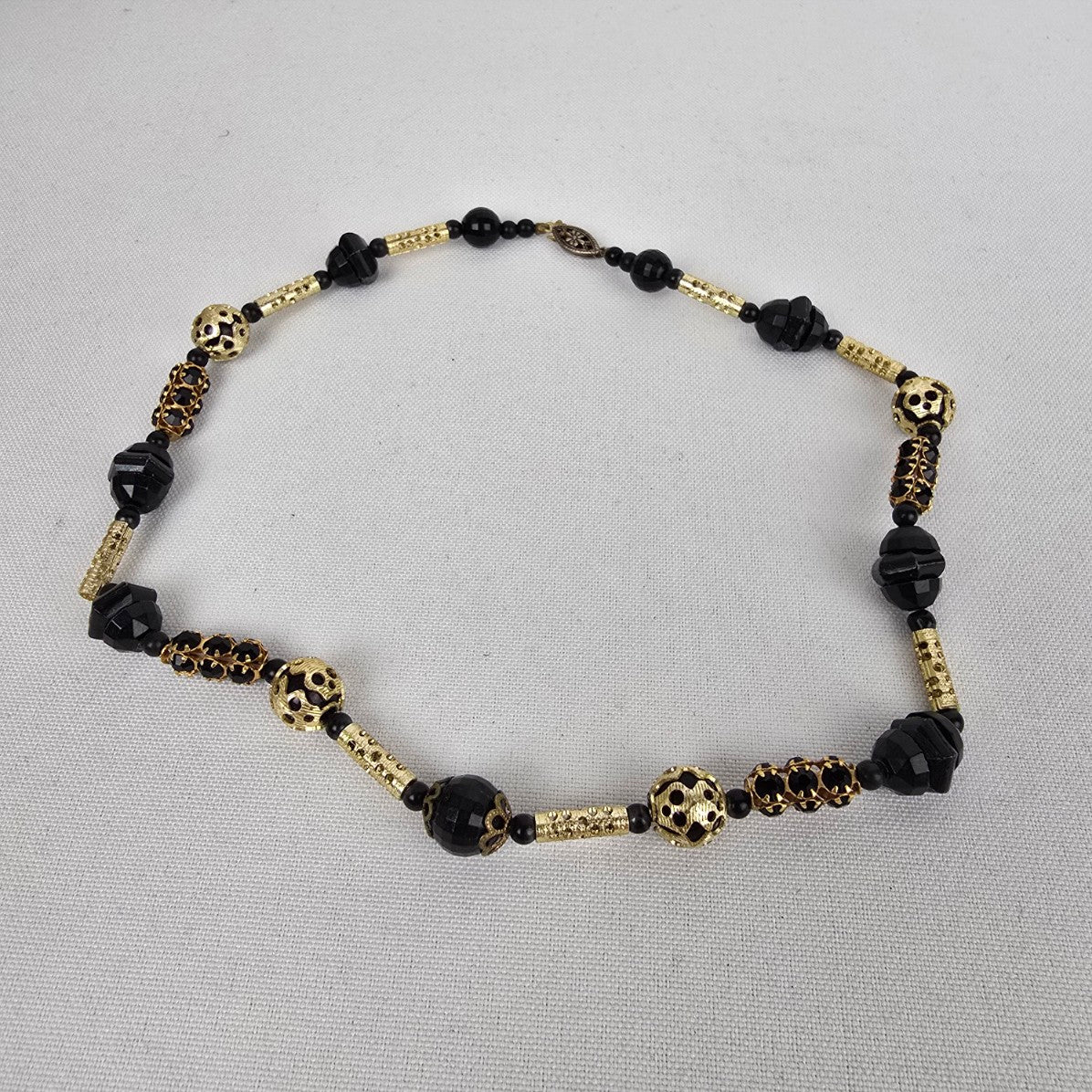 Vintage Gold & Black Beaded Choker Necklace Sterling Clasp