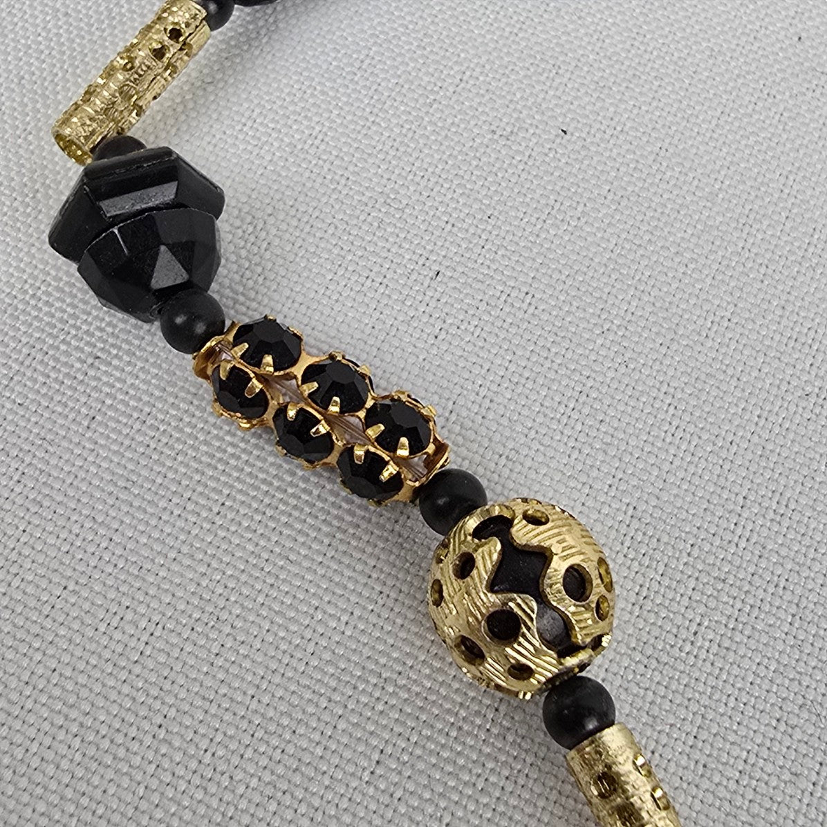 Vintage Gold & Black Beaded Choker Necklace Sterling Clasp