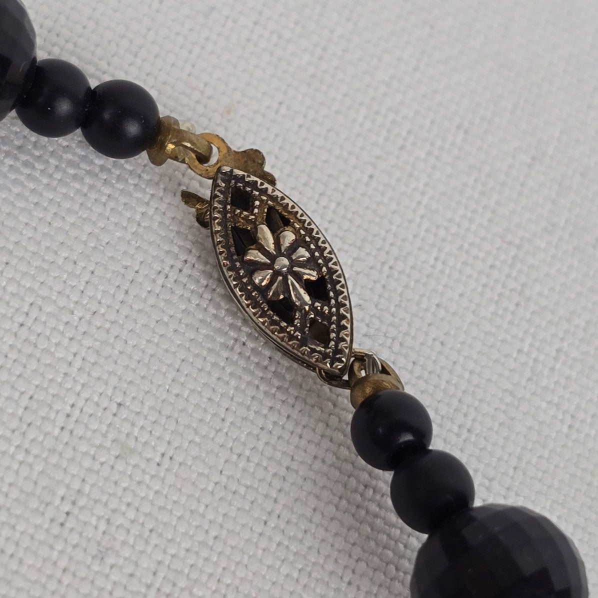 Vintage Gold & Black Beaded Choker Necklace Sterling Clasp