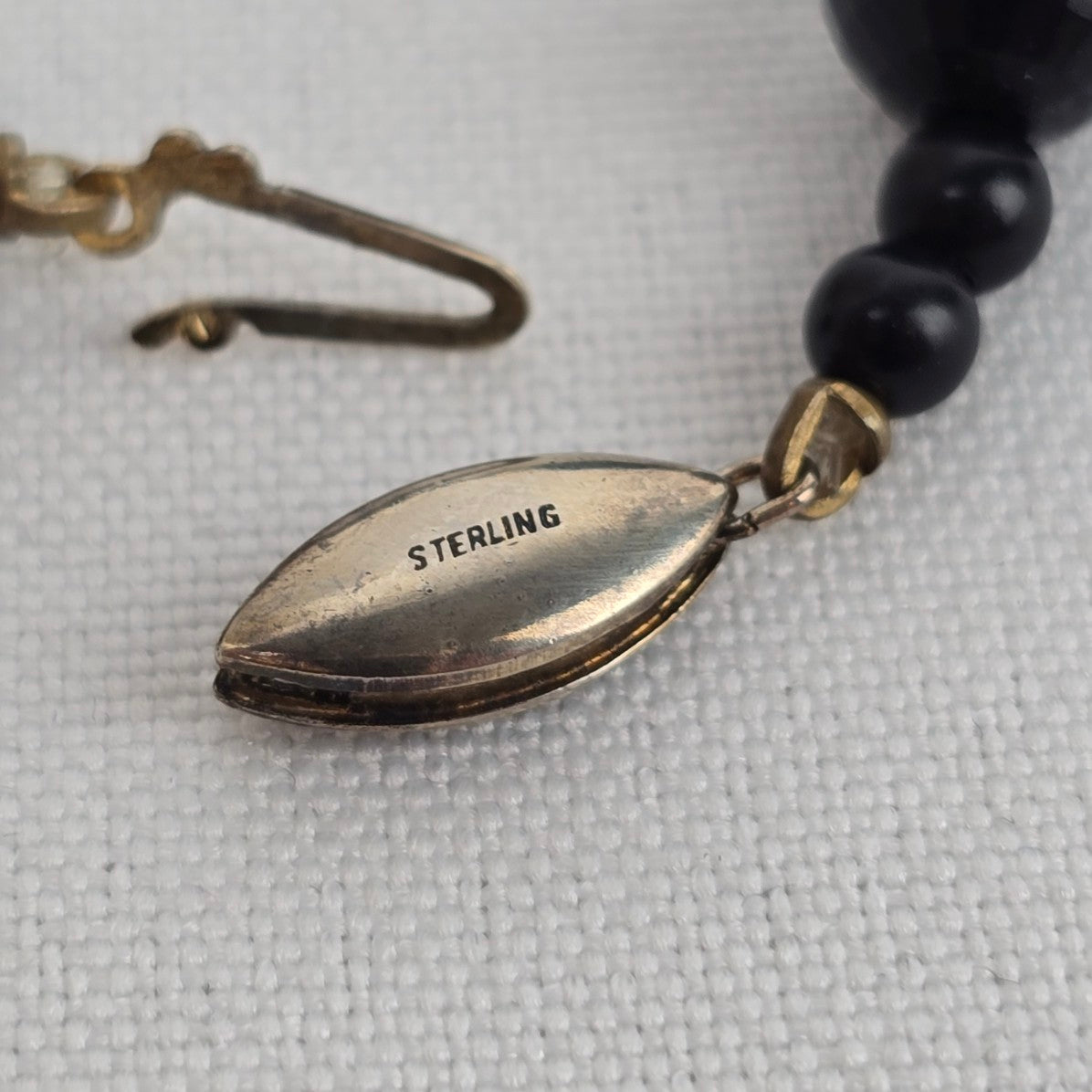 Vintage Gold & Black Beaded Choker Necklace Sterling Clasp