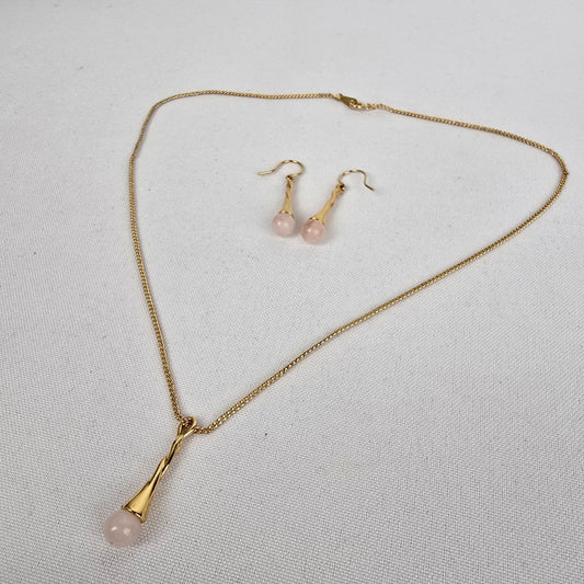 Vintage Gold Tone Rose Quartz Drop Pendant Necklace & Earrings Set